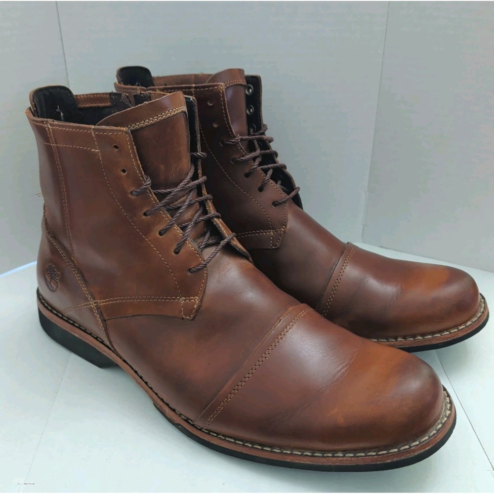 Timberland Burnished Brown Leather Earthkeepers City 6" Zip Boots Sz 12M Cap Toe